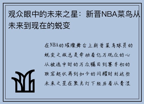观众眼中的未来之星：新晋NBA菜鸟从未来到现在的蜕变